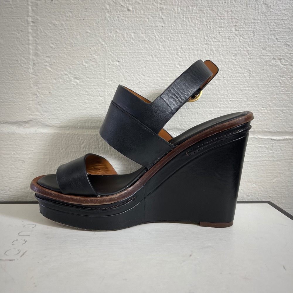 Tory Burch Selby Black Leather Wedge Sandals Ankle Strap Women's US 5.5 M - Picture 5 of 12